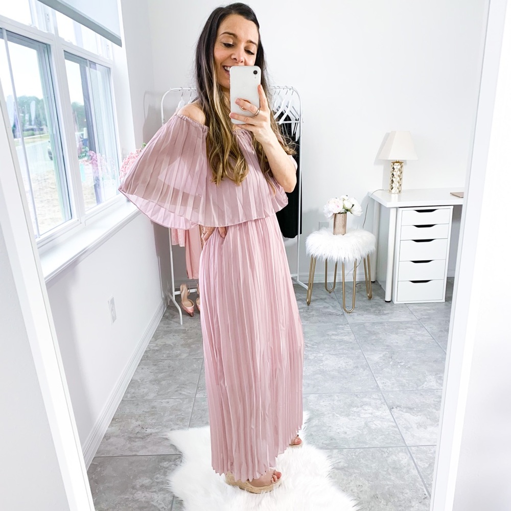 Dusty Pink Off Shoulder Ruffle Pleated Maxi Dress - Picture 7 of 12